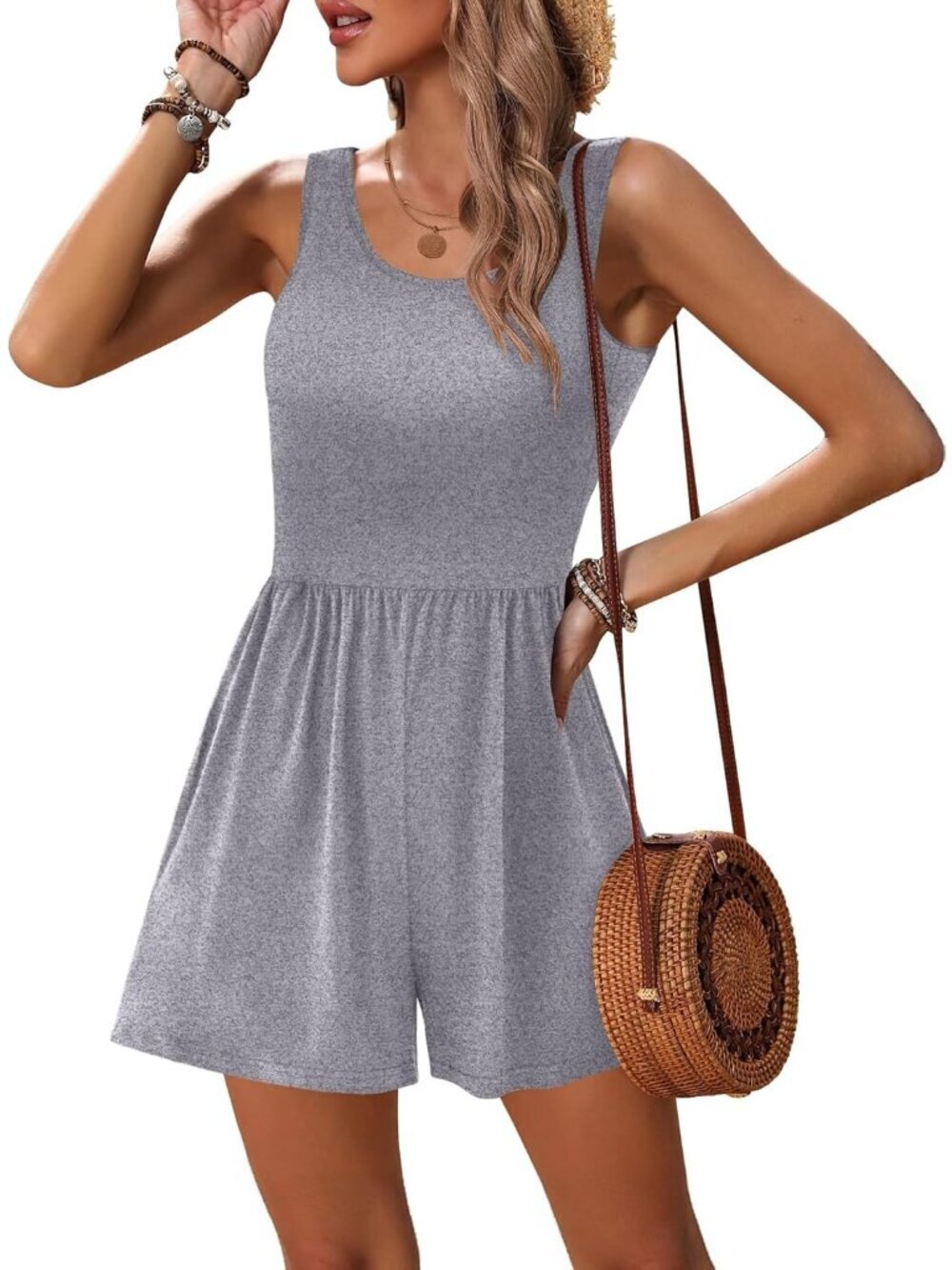 Women's Summer Romper Light Grey Sleeveless Scoop Neck Short Beach Jumpsuit